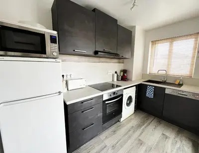 a kitchen with black cabinets and a white refrigerator at Maresol in Cagnes-sur-Mer