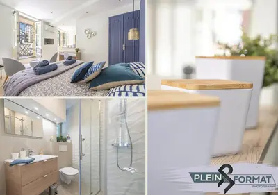 a collage of pictures of a bathroom and a bedroom at Place Du Pin in Nice