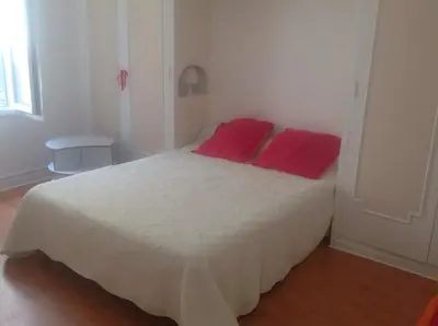 a bedroom with a bed with two red pillows on it at Appartement Tout Confort avec Terrasse in Nice