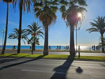 a street with palm trees and people walking on the beach at Hotel Flots d'Azur Promenade des Anglais in Nice