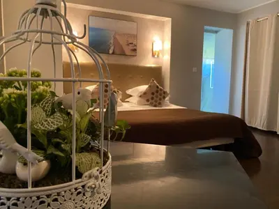 a room with a bed with a bird cage with a plant at Hôtel La Villa d'Eze in Èze