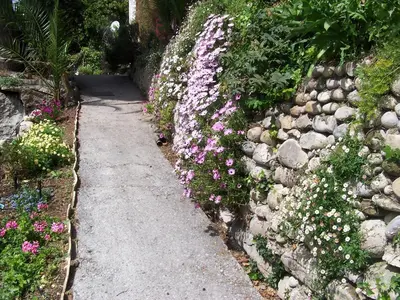 a garden with pink flowers and a stone wall at Castel Enchanté in Nice