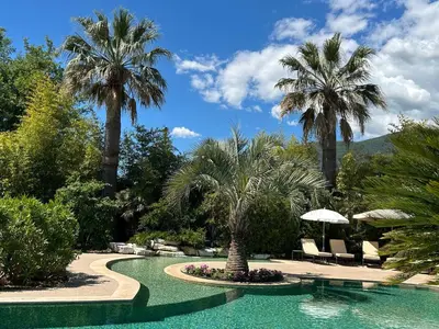a swimming pool with palm trees in a resort at Domaine De Respelido in Carros