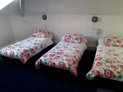 two beds in a room with red and greenpillows at Hôtel Belle Meunière in Nice