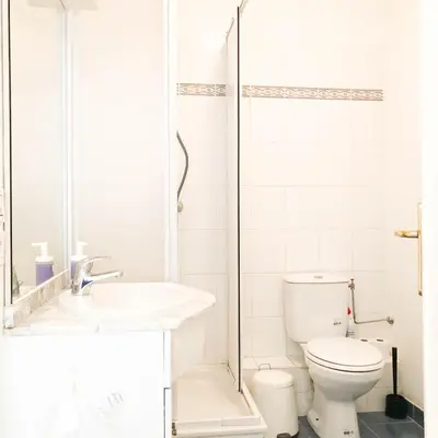 a white bathroom with a toilet and a shower at Arson Riquier Port in Nice
