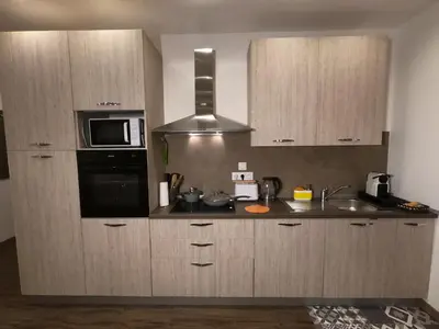 a kitchen with wooden cabinets and a sink and a microwave at Rigoletto Massena in Nice
