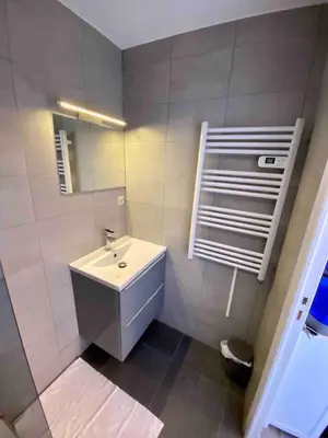 a bathroom with a sink and a mirror at Studio, piscine in Saint-Laurent-du-Var
