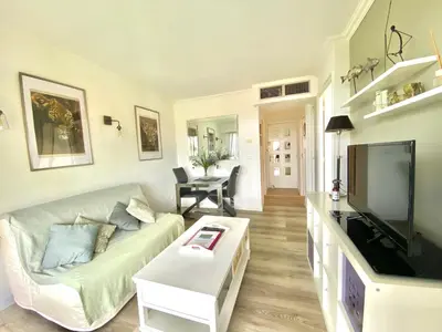 a living room with a couch and a flat screen tv at Eden Barmassa in Villefranche-sur-Mer