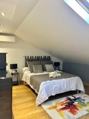 a bedroom with a large bed in a attic at DIEGO 4 pièces duplex in Nice
