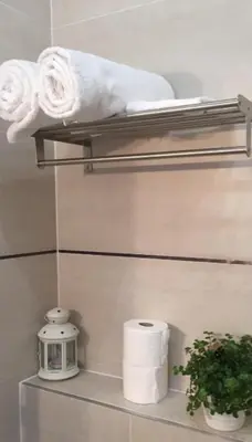 a bathroom with a shelf with towels and a plant at STUDIO DECO DESIGN, HYPER CALME in Nice