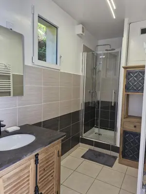 a bathroom with a sink and a shower at La petite maison in La Gaude