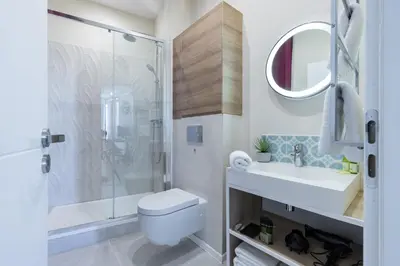 a bathroom with a shower and a toilet and a sink at Gorgeous 1 Bdr with gardens view in the Old Town in Nice