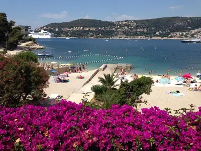 a beach with people in the water and purple flowers at Nyrenoverad lägenhet med havsutsikt in Villefranche-sur-Mer