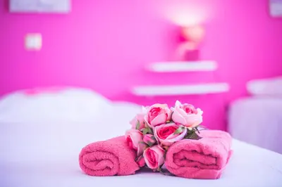 a bouquet of pink roses sitting on a bed at LA CASETTA DEI FIORI VI3078 in Nice
