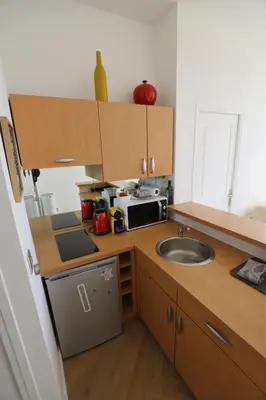 a small kitchen with a sink and a microwave at Cosy Cocoon Place Massena in Nice