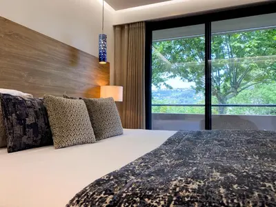 a bedroom with a large bed and a large window at Servotel Saint-Vincent in Nice