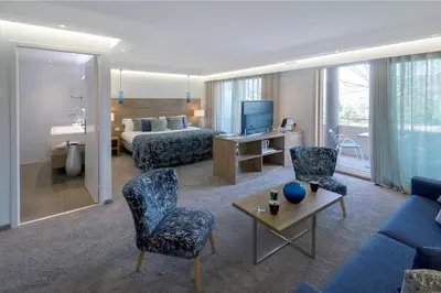 a living room with a blue couch and a living room with a couch at Servotel Saint-Vincent in Nice