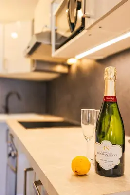 a bottle of wine and a glass on a kitchen counter at AzurAppart Brilliant 2room, Nice Massena in Nice