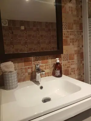 a bathroom sink with a bottle of soap on it at Petite chambre indépendante avec sdb, clim et parking privé in Nice