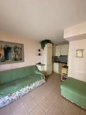 a living room with a green couch and a kitchen at Palais des Arts, Proche Tram et Promenade in Nice