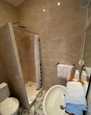 a bathroom with a shower and a sink and a toilet at Interlaken in Nice