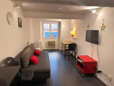 a living room with a couch and a table at La Rose: Charming 2-room apartment in the heart of Nice - 3-min. from the beach in Nice