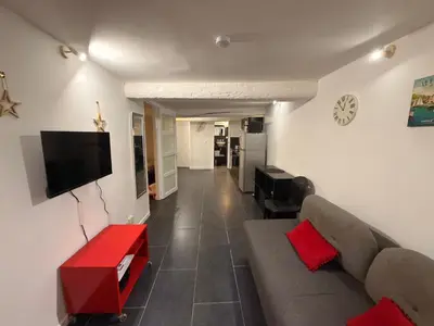 a living room with a couch and a flat screen tv at La Rose: Charming 2-room apartment in the heart of Nice - 3-min. from the beach in Nice