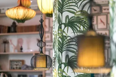 two lights are hanging in a room with a plant at Villa Bougainville by Happyculture in Nice