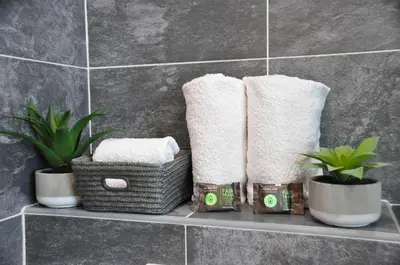 a shelf in a bathroom with towels and plants at STUDIO PROMENADE FLORIDA BEACH in Nice