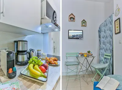 two pictures of a kitchen with fruit on a counter at MY CASA - GROSSO 14 - 5 min walk to beach in Nice