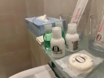 a bathroom shelf with bottles of soap and toiletries at Villa Berlioz in Nice