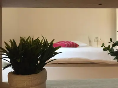 a bedroom with a bed and a potted plant at Nice Grand appartement face jardin in Nice
