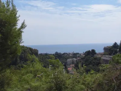 a view of a city from a hill with trees at La Madonette in Nice