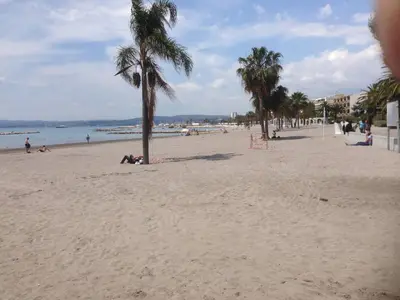 a beach with palm trees and people laying on the sand at MAEVA in Saint-Laurent-du-Var