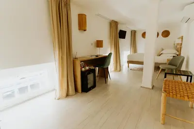 a room with a bedroom with a bed and a desk at Palm Boutique Hôtel Nice in Nice