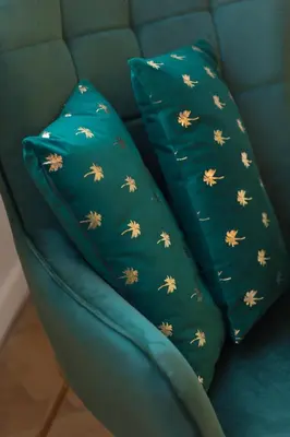 two pillows sitting on top of a blue couch at Beautiful apartment in the heart of Nice in Nice