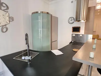 a kitchen with a glass shower and a counter top at Nestor&Jeeves - DALPOZZO GRANDE - Central - Close beaches in Nice