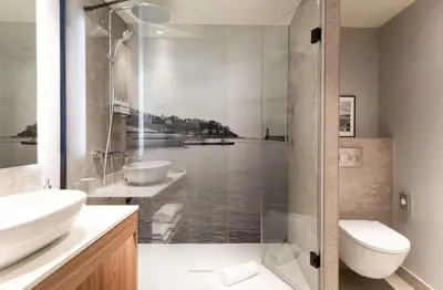 a bathroom with a shower and a toilet and a sink at Radisson Hotel Nice Airport in Nice