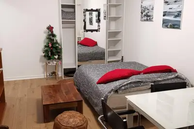 a bedroom with a bed and a christmas tree in it at studio centre nice proche de mer in Nice