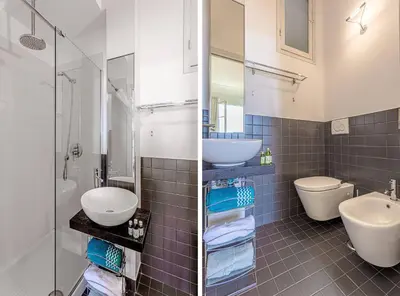 a bathroom with two sinks and two toilets at MY CASA - VICTOR HUGO - Beautiful Apartment - View over Garden in Nice
