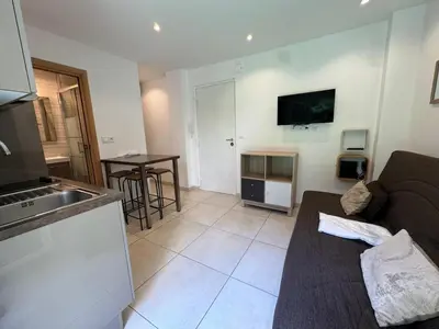a living room with a couch and a kitchen at CONGRES - Appartement 4 personnes grande terrasse dans le Carré d'Or à Nice in Nice