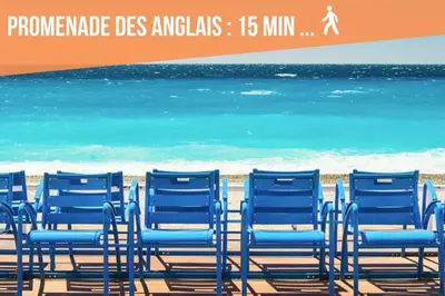 a group of blue chairs sitting on the beach at The Big Flat - Hypercentre - Car park - Virtual tour in Nice