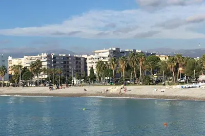 a beach with buildings and palm trees and the water at Charmant appartement bord de mer, Plage in Cagnes-sur-Mer