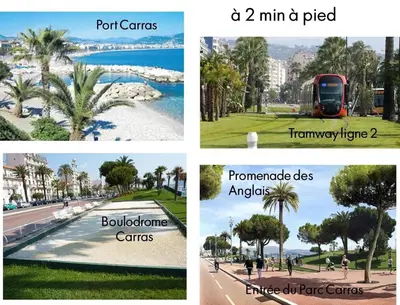 a collage of four pictures of a city at Terrasse Vue Mer Plage à 50 m Parking in Nice