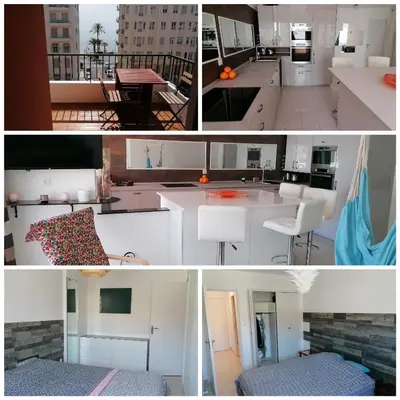 a collage of photos of a kitchen and a living room at Terrasse Vue Mer Plage à 50 m Parking in Nice