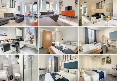 a collage of four photos of a room at Nestor&Jeeves - BOW WINDOW BUFFA - City center - Very close beach in Nice