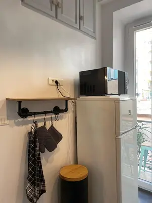 a kitchen with a refrigerator and a microwave at Chic and Cosy apartment GV Port Garibaldi in Nice