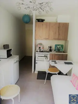a small kitchen with a stove and a table and chairs at NICE VIEW Jolie Studio avec Jardin in Nice