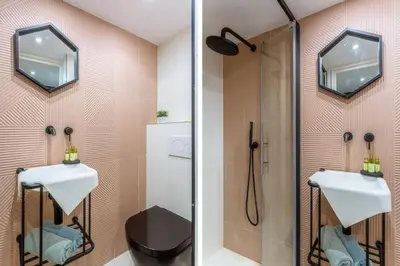 a bathroom with two sinks and a shower at MY CASA - BUNICO 1 - Old Town Renovated Studio in Nice