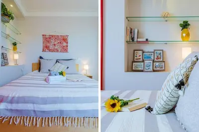 two pictures of a bedroom with a bed with a sunflower on it at MY CASA - BERLIOZ 1 - City Center 2 rooms - Balcony in Nice